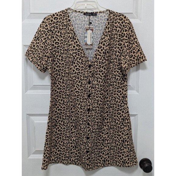 New Boohoo Petite Leopard Print Button Shirt Mini Dress Size 8 - Picture 2 of 6